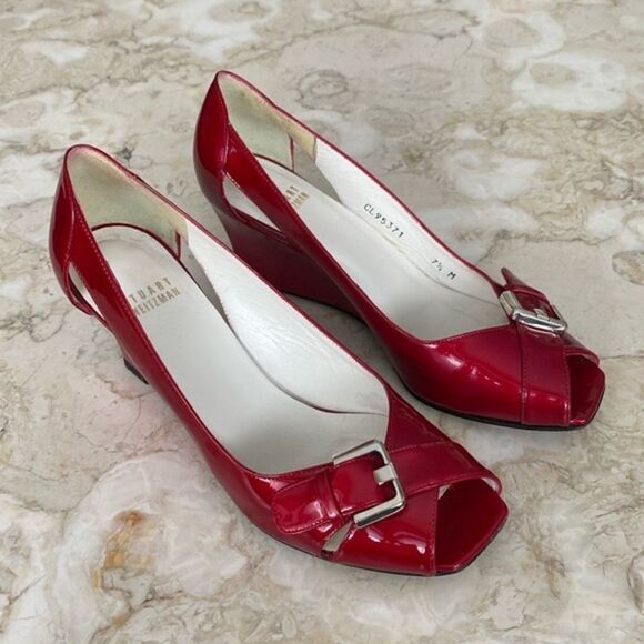 Stuart Weitzman Red Patent Leather Peep Toe Wedge Heel Pumps - Picture 2 of 12
